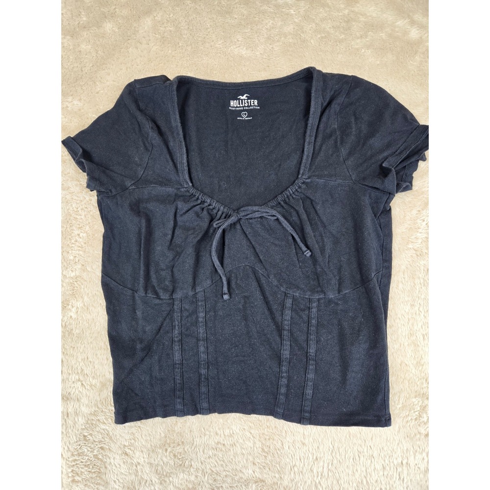 Hollister Women's Black‎ Square Neck Tie Front Short Sleeve Top Size L